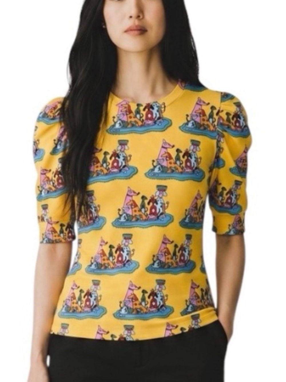 Nooworks Yellow Dog Party Graphic Puff-Sleeve Top Size: S